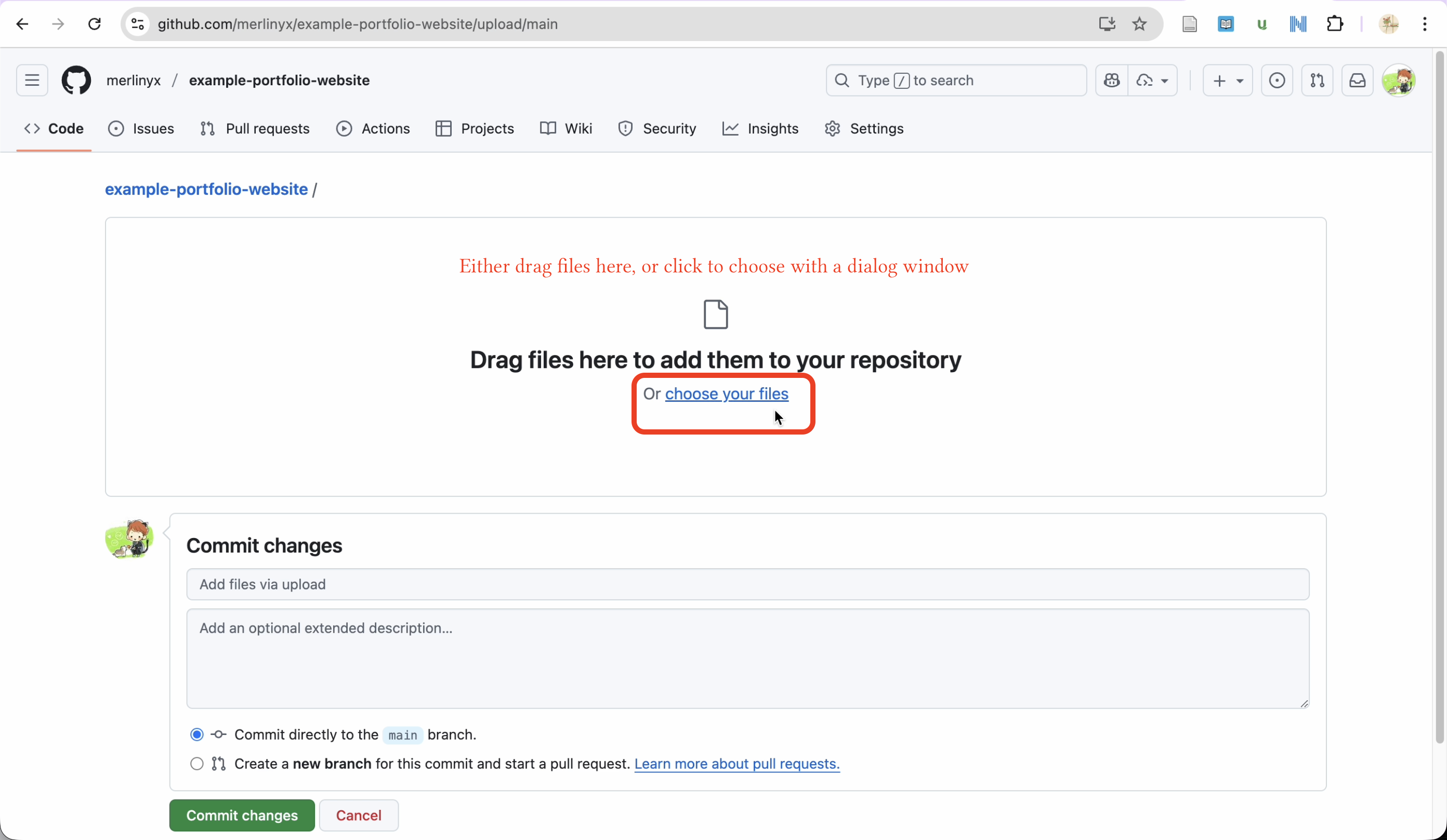 The upload page with a large dashed drop zone that says 'Drag files here to add them to your repository', and a list of uploaded files appearing below it.