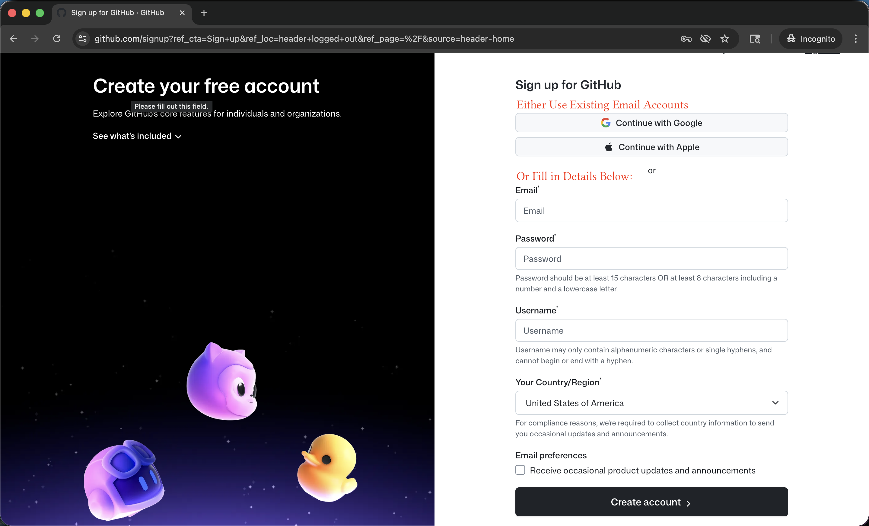 The sign-up page with fields for 'Enter your email', 'Create a password', and 'Enter a username'.