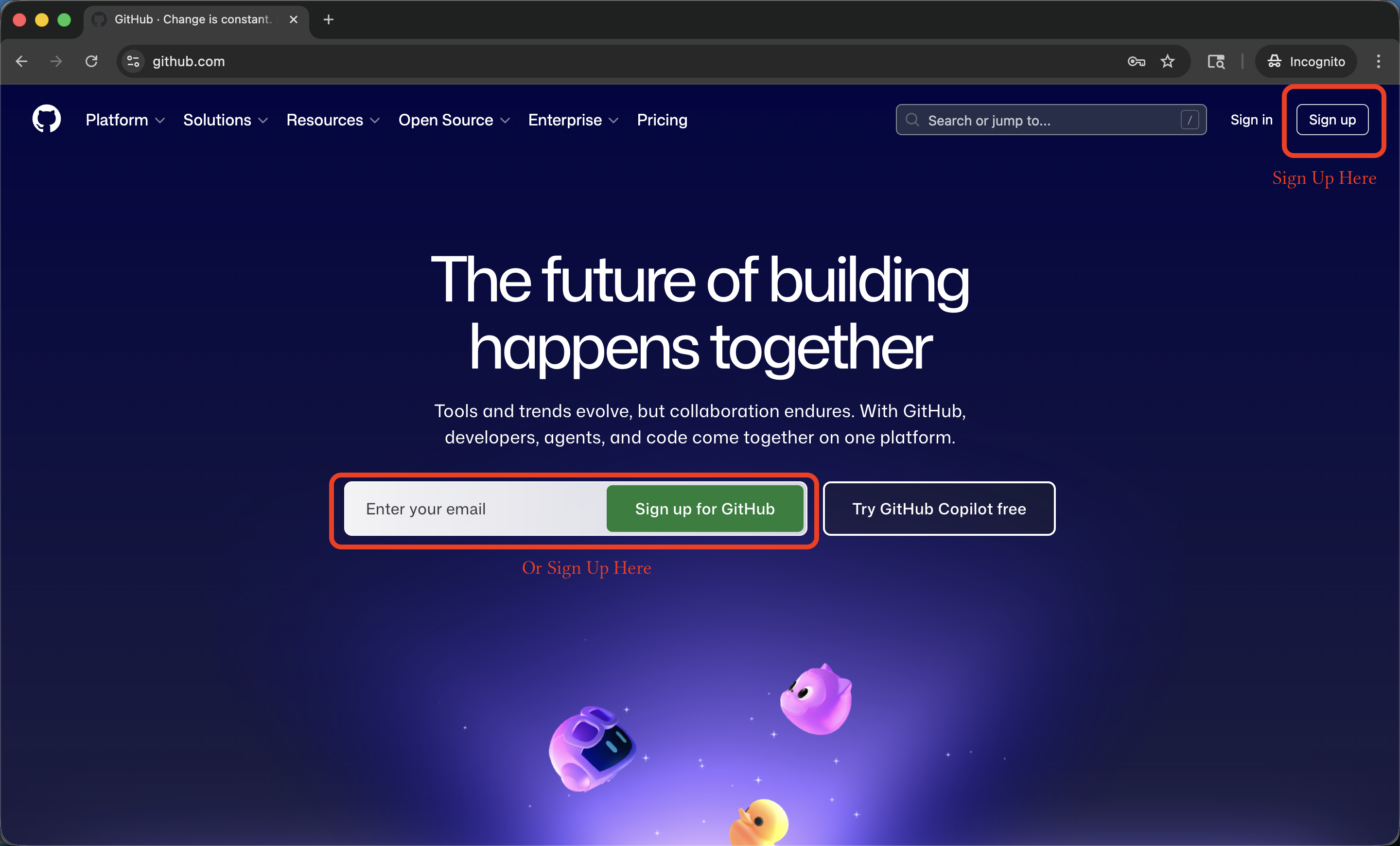 The GitHub.com homepage with a large 'Sign up' button visible in the top-right corner and a 'Start a free trial' section in the middle.