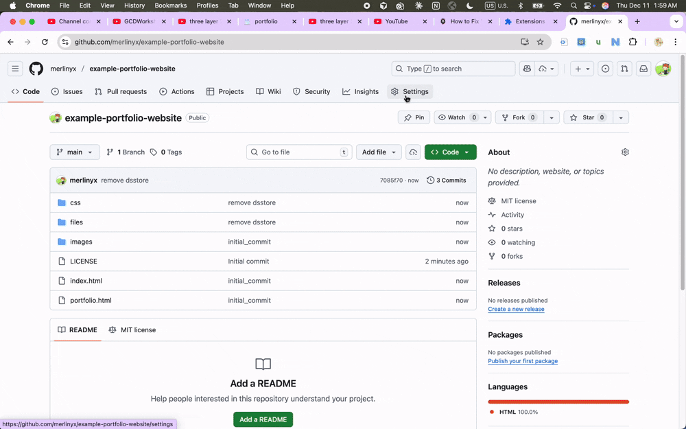 The Settings page with the left sidebar showing 'Pages' highlighted. The main area shows 'GitHub Pages' with a green checkmark and the message 'Your site is live at https://yourusername.github.io/'