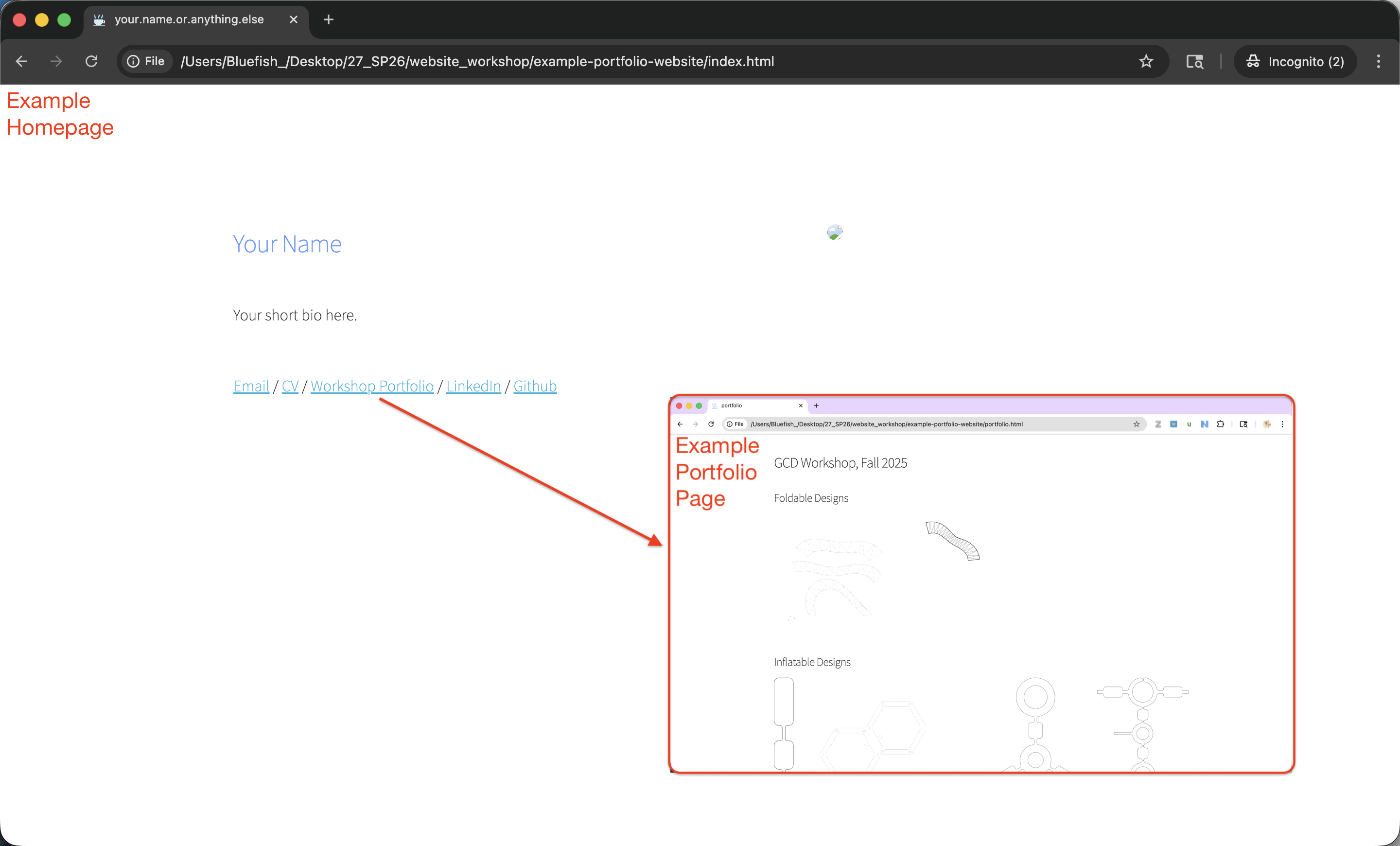 The template homepage open in a browser, showing placeholder content including a name, headshot photo, bio text, and links.