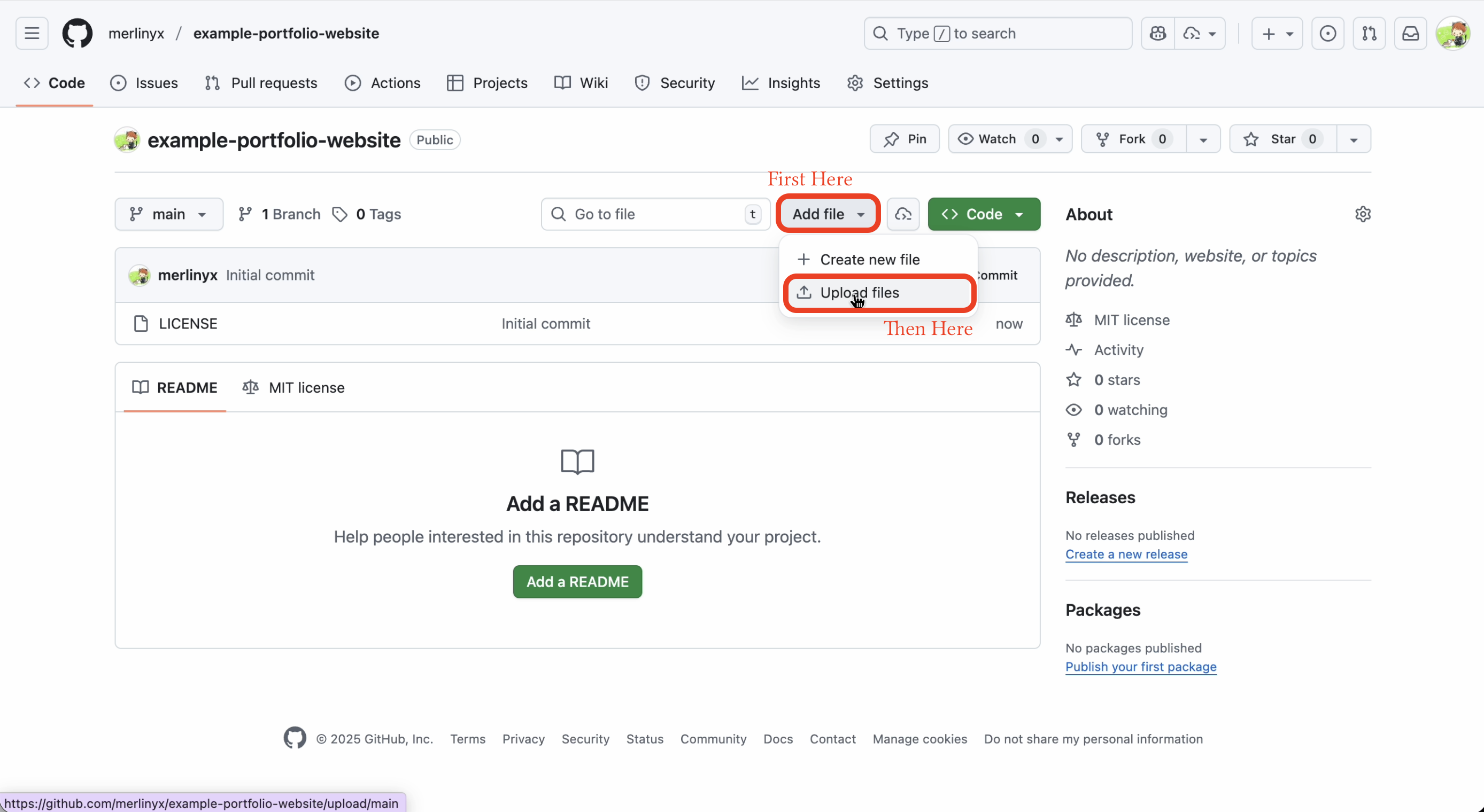 The new repository page with the Upload Files button highlighted.